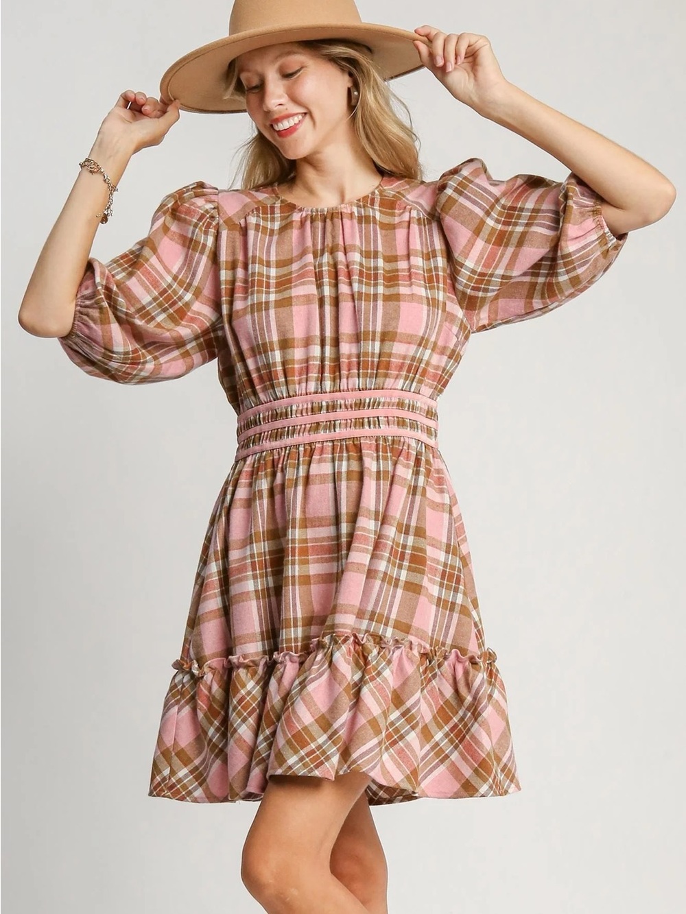 🌸 NWT Umgee Light Mauve Plaid‎ Smocked Waist Ruffle Dress Size Large